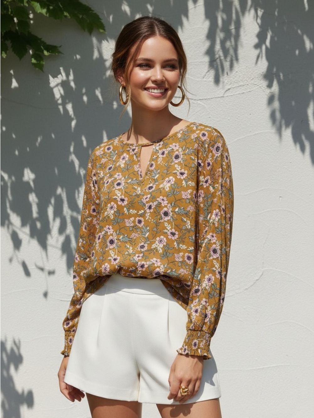 Pleione Mustard Floral Keyhole Balloon-Sleeve Blouse